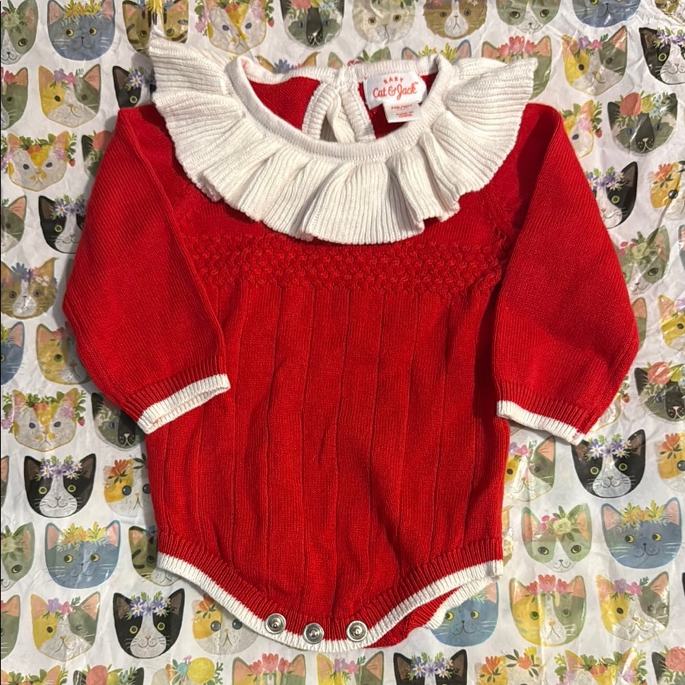 Cat & Jack Christmas Sweater Knit Red Onesie with White Ruffle NWOT